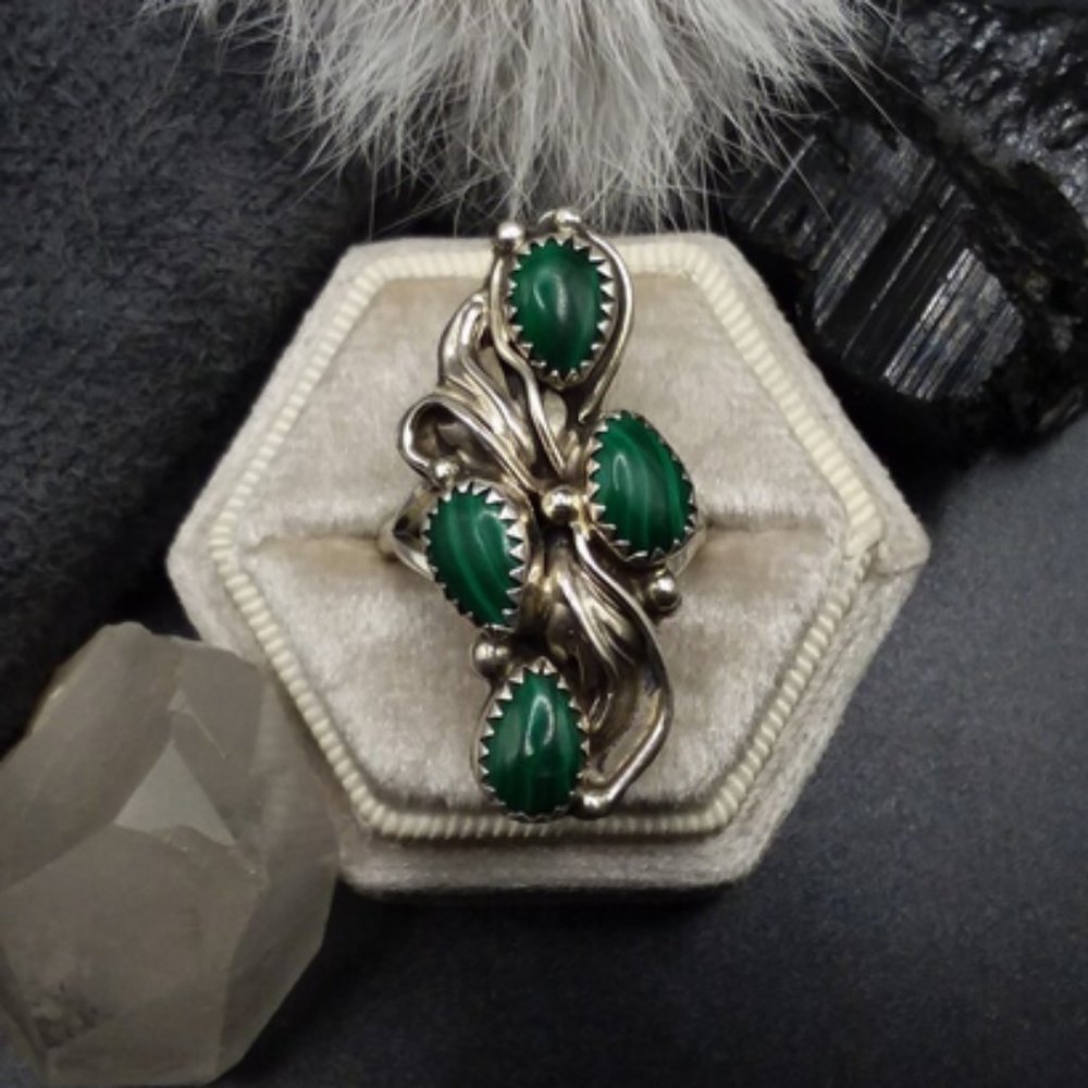 FLORAL Malachite Ring | Native Designer Signed Ring | Blossom Sterling Ring